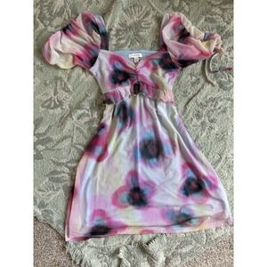 Topshop Multicolor Mesh Puff Sleeve Mini Fit & Flare Dress Floral US 4-6